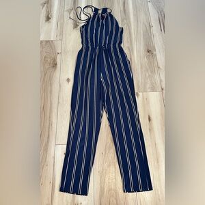 Express Navy blue adjustable halter neckline Jumpsuit with pockets lined on top